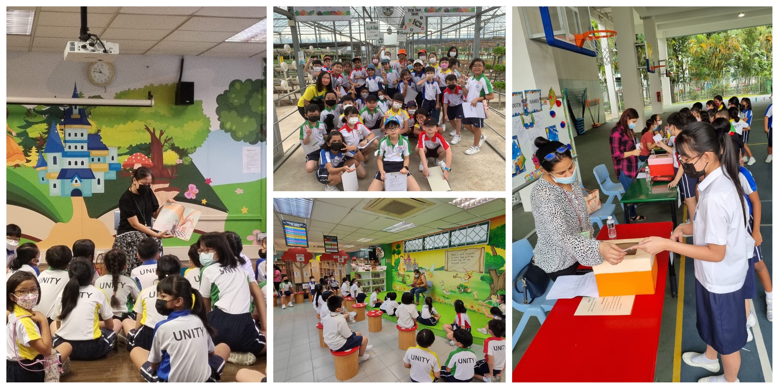 Four scenes of school children in uniforms at various activities including storytime, a group photo, and a booth event.